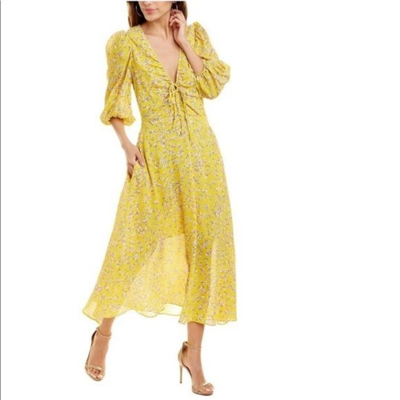 NICHOLAS Yellow Floral A-Line Midi Dress V Neck Puff Sleeve Tea Length US 0 New - Picture 2 of 10
